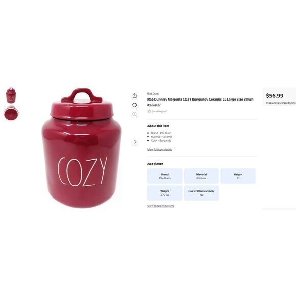 Rae Dunn Other - Rae Dunn Burgundy Ceramic "Cozy" Canister Cookie Jar With Lid